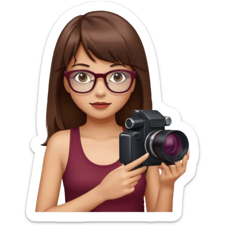 Una chica pelo largo con flequillo color marrón y gafas con estilo de periodista súper top, también agrega una cámara en sus manos, también que su vestimenta sea una blusa de tirantes color vino sticker