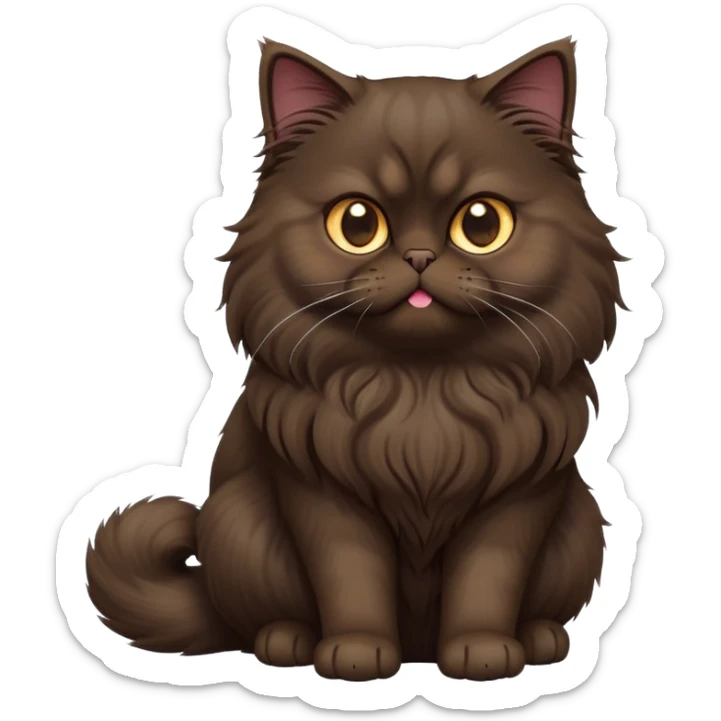 cinematic-[dark brown persian cat]-realistic-full-body-sitting-emoji,-tail-curled-playfully-around-its-paws,-head-tilted-dramatically,-fluffy-[dark brown]-fur,-simplified-yet-realistic-focused-features,-highly-detailed,-glowing-with-an-almost-sarcastic-glow sticker