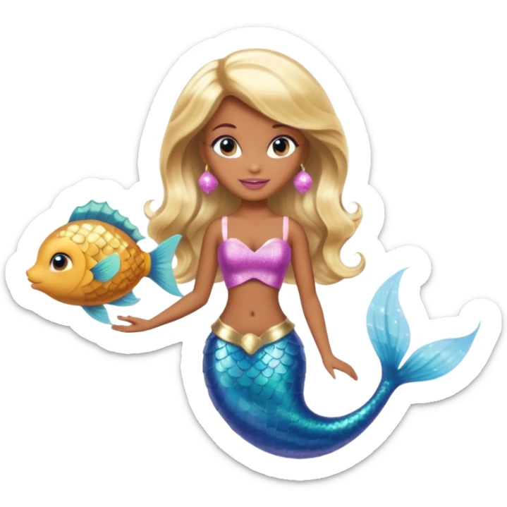 Brown skin blonde hair barbie mermaid with glitter tail  with pufferfish sticker