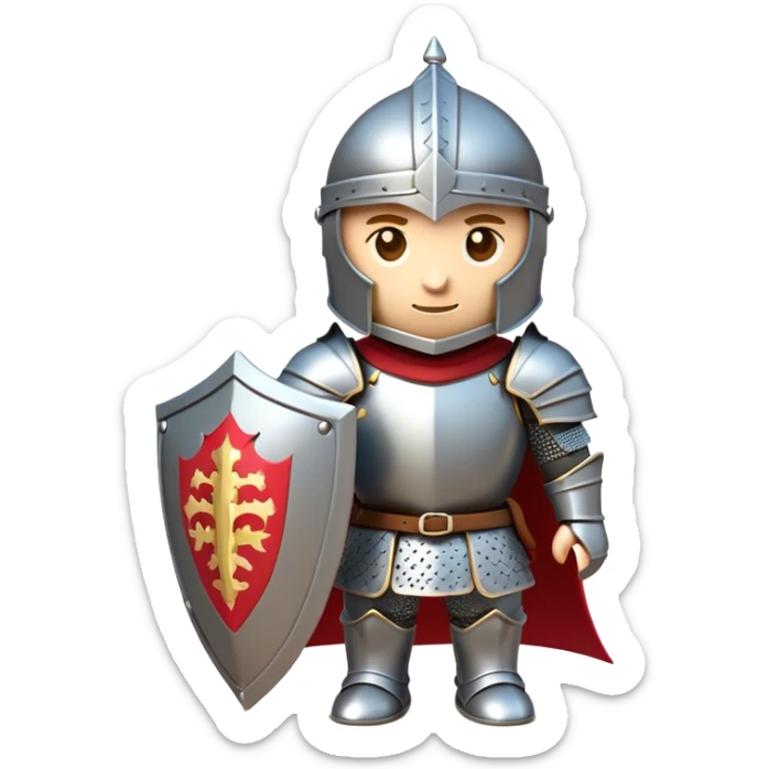 Clash of Clans aesthetic: Cinematic Playful Armored Knight Hero Emoji, rendered in a 3D vector-style similar to standard emojis with minimal shading and bold, simplified shapes. A compact, isometric warrior clad in gleaming plate armor with intricate heraldic details, softly glowing with a chivalrous medieval charm. Simplified yet unmistakably iconic, highly detailed and consistent, glowing with a soft radiant shine and high polish. Stylized with a touch of noble valor and a soft glowing outline, capturing the essence of a gallant knight ready for honorable battle with a friendly, playful manner! sticker
