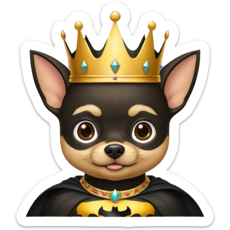 Chihuahua wearing a crown on his head and a Batman cape around his neck sticker