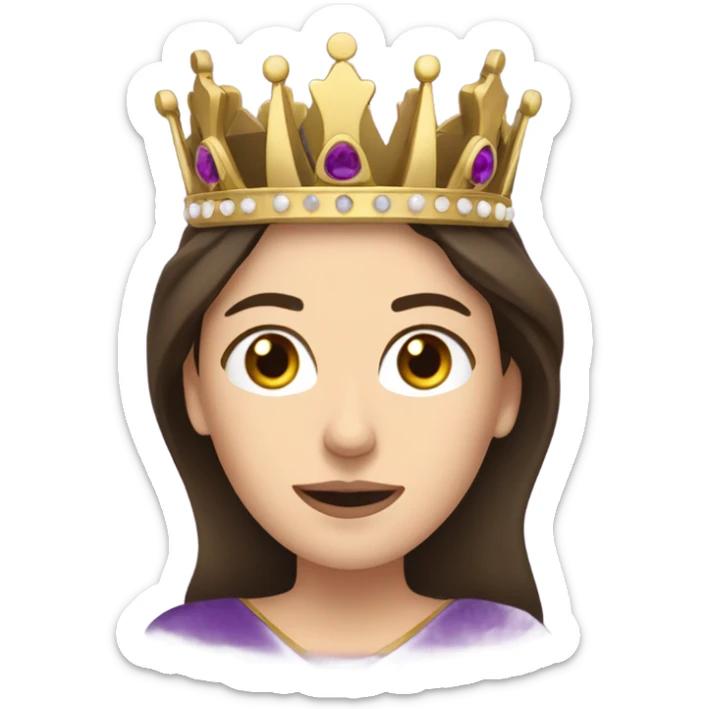 Caucasian long brunette woman wearing formal royal purple robes and a crown whose face shows love and adoration to the man she adores  sticker