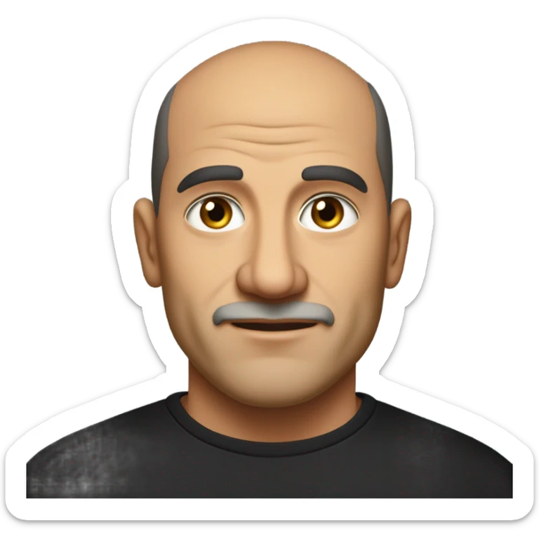 A middle-aged Italian man with olive-toned skin and a confident demeanor, sporting a buzz cut and no facial hair. He is wearing a sleek black smart shirt, casually unbuttoned at the top. sticker