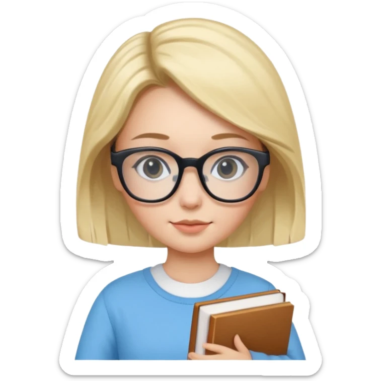 cute girl, glass, smart, Sky-blue colored clothing,
holding a book in one arm and a pen in the other hand.Holding a pen in the right hand as if teaching.Wearing black glasses, with a smart and bright-looking face. sticker