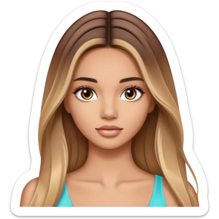 victoria’s secret model with long light brown straight balayage hair, dark eyes  sticker