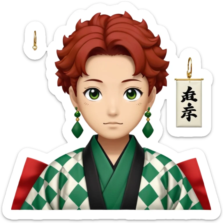 Tanjiro Kamado from Demon Slayer with black and green checkered haori and hanafuda earrings sticker