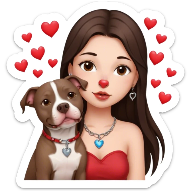 Young girl with long dark brown layered hair hair sits with her one dog who is a pretty girl pitbull with her cell phone in her hand in a small septum ring in her nose was hearts flying all around her sticker