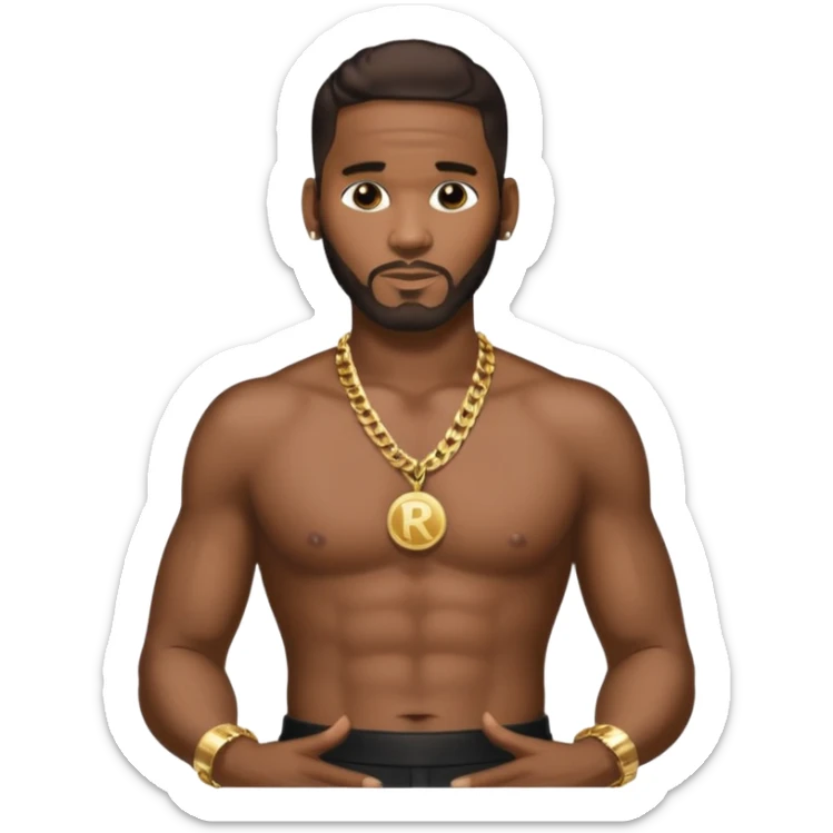 R Kelly with dark brown hair, metallic black pants, shirtless with necklace sticker