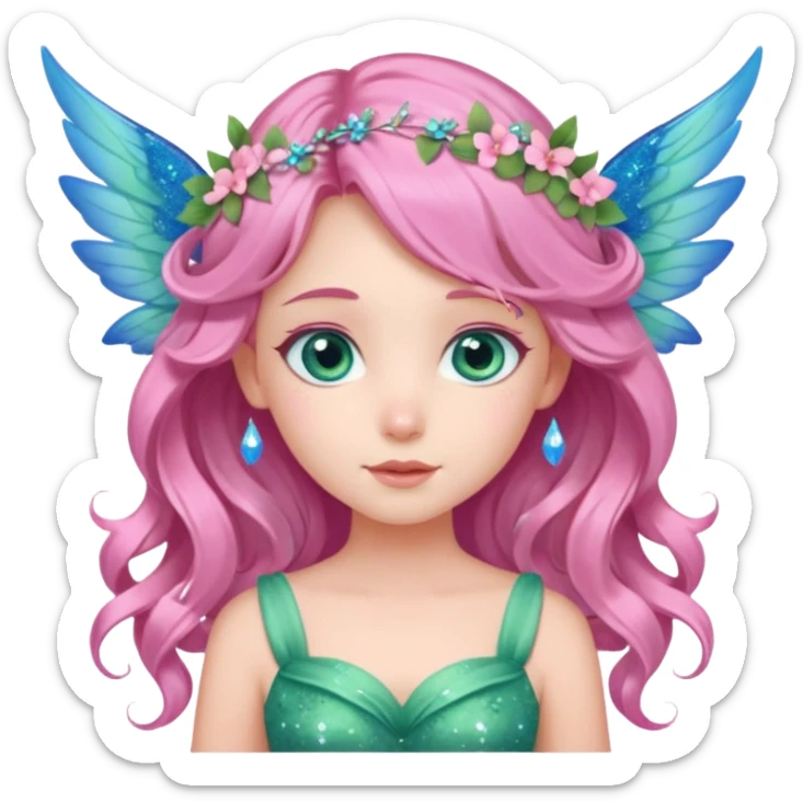 Una ragazza datata, occhi azzurri rosati dolci e aperti, vestito verde come la natura co  altri elementi e fiori rosa, deve avere le ali azzurrine,decorati con fiori e con glitter. O capelli di colore rosa chiaro con in acconciature tipica delle fate, capelli mossi e lunghi sticker