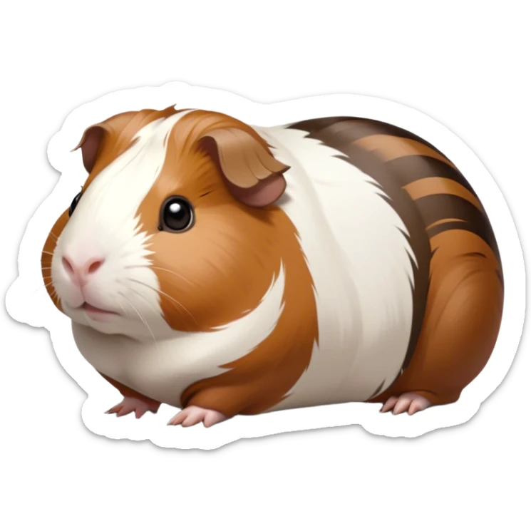 Cinematic Noble Brown and White Banded Guinea Pig Portrait Emoji, Poised and regal, with a compact, chubby build and a uniquely patterned coat of warm brown and crisp white banding, deep-set soulful dark eyes, Simplified yet sharp and sophisticated features, highly detailed, glowing with a soft, dignified glow, high shine, intelligent and charming, stylized with an air of distinctive elegance, focused and attentive, soft glowing outline, capturing the essence of a watchful and confident companion, so majestic it feels as though it could scurry out of the screen with effortless authority! sticker
