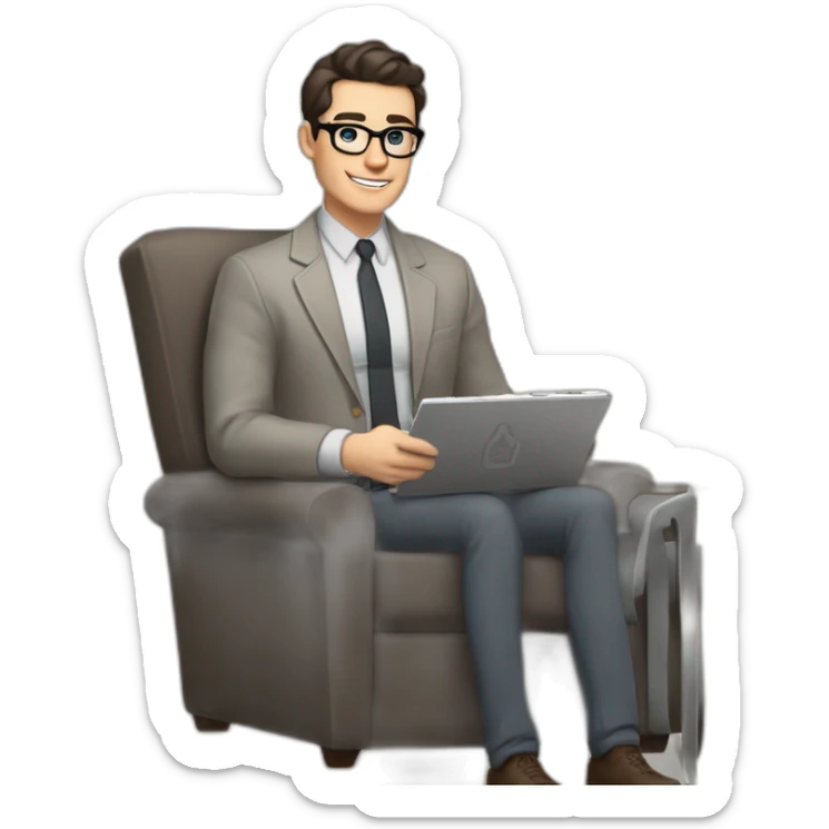 Pale skinned Fit Man With dark brown hair in gray jacket, beige office shirt and vintage glasses sitting In a soft chair with a notebook with emblem Ψ and a pen in his hands sticker