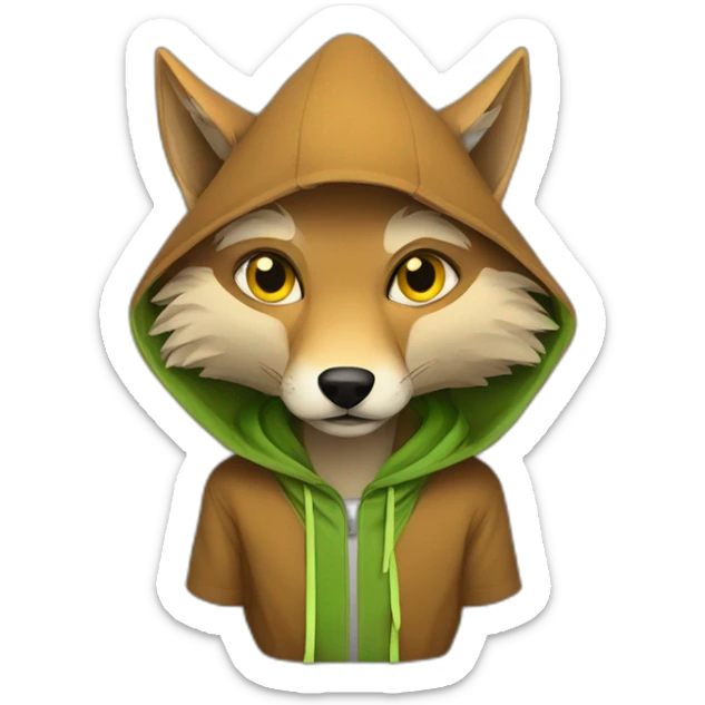 brown coyote with yellow eyes and a green hood that sadly sticker