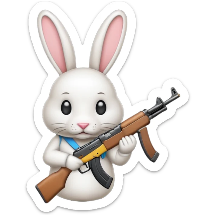 Crea un emoji de un conejo sosteniendo una  Ak47 con pasamontañas enojado sticker