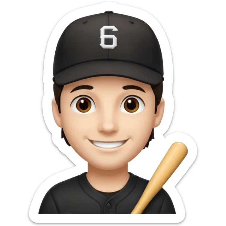 male, dark brown hair, dark brown eyes, fair skin, black baseball hat sticker