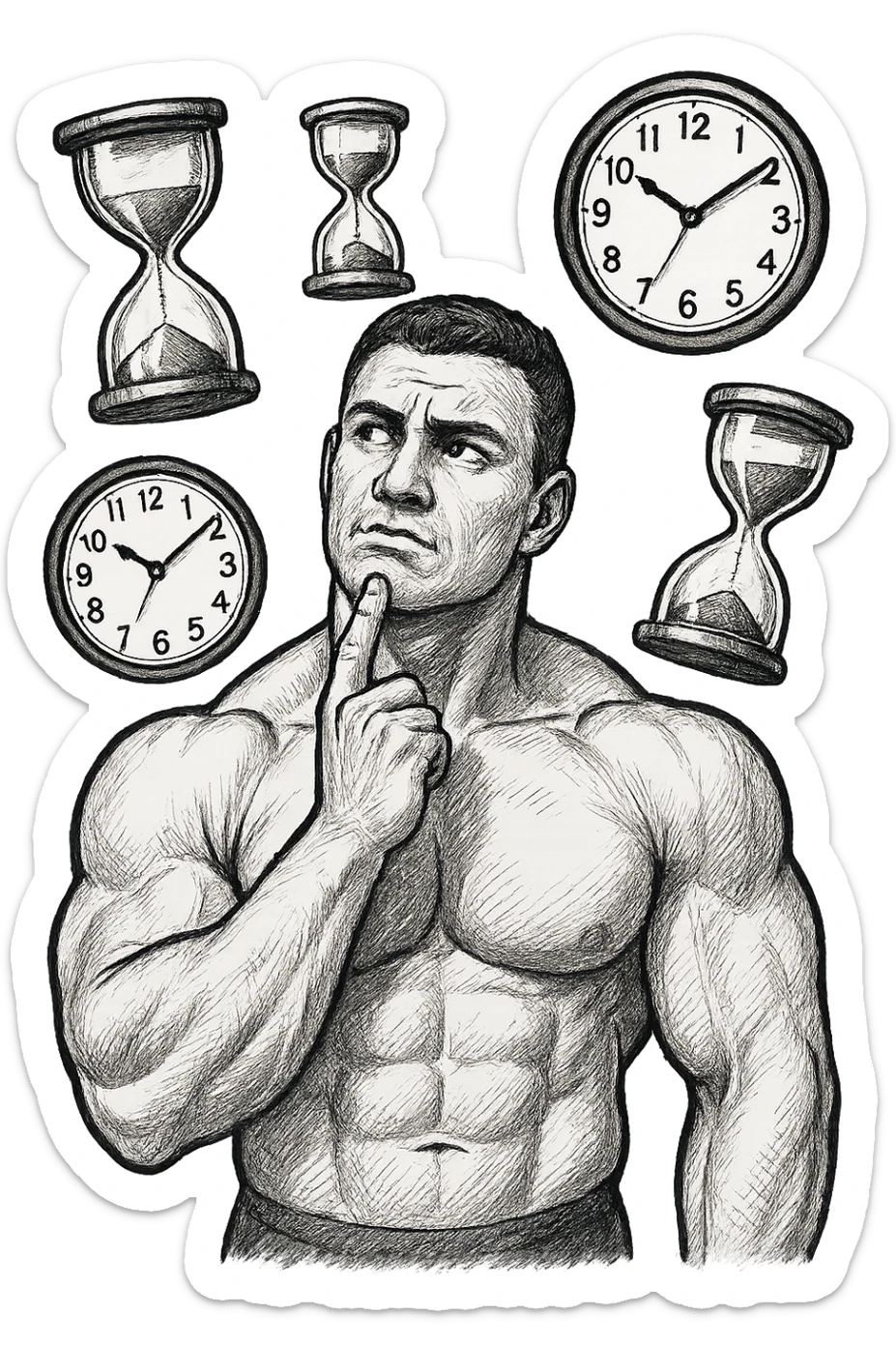 bodybuilder pensieroso che si tiene l'indice sul mento, alle sue spalle fluttuano clessidre e orologi da muro sticker