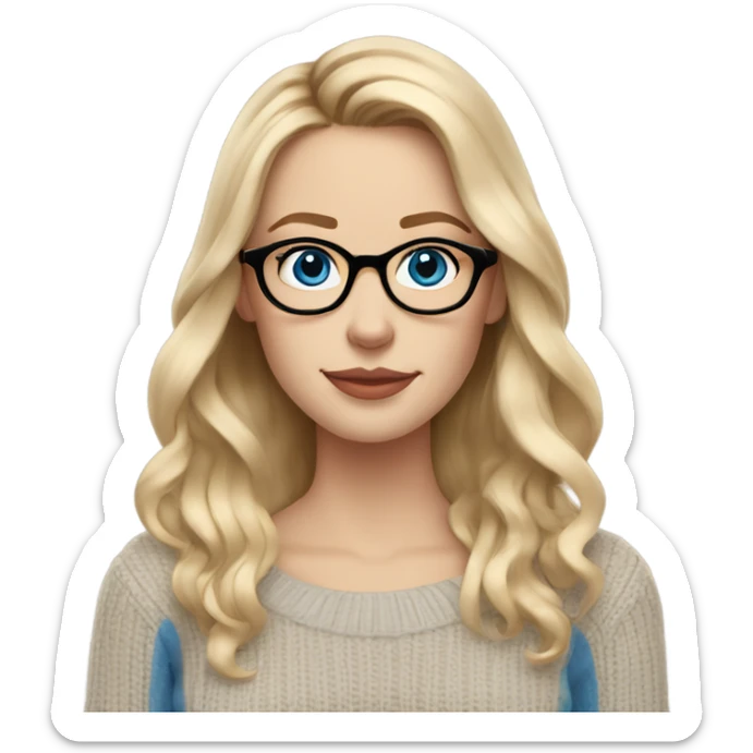 White women, long blonde balayage hair, no smile, blue eyes, beige sweater wearing glasses  sticker