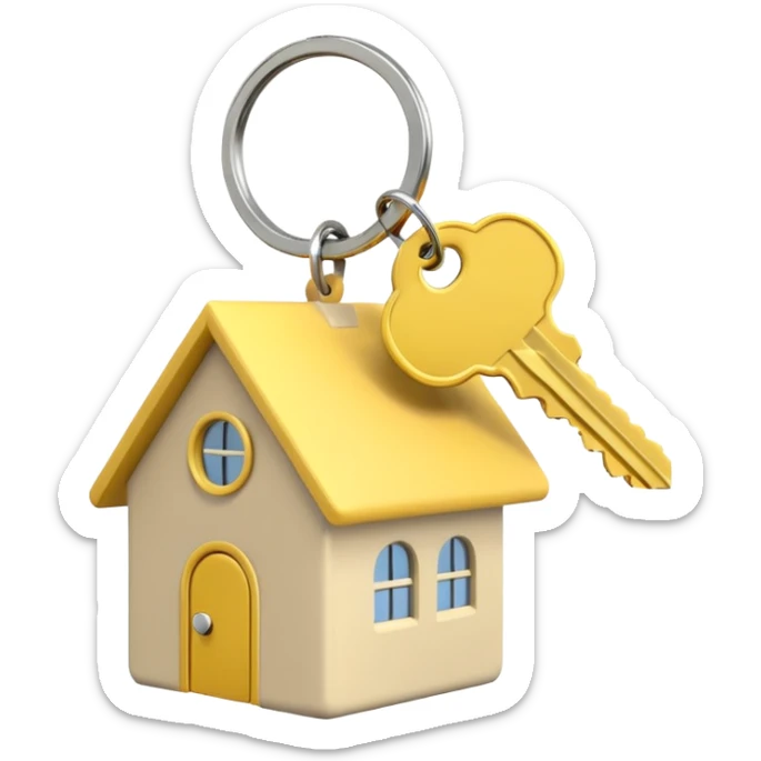 light beige house keychain on keys with a yellow key, emoji style, transparent background, minimalistic sticker