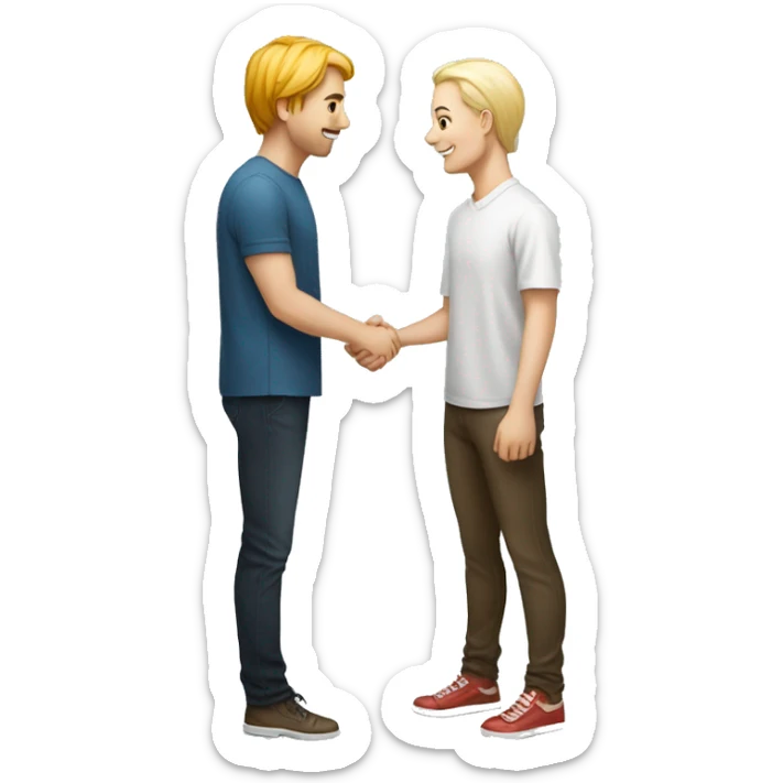 an adult restaurant owner and a young blogger shake hands, both with white skin, in great detail, in full height sticker