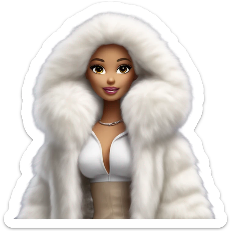 Barbie in an extremely big fluffy oversized white fur coat with hood on. The fur is real and it’s very obvious big and fluffy like in Pinterest  sticker
