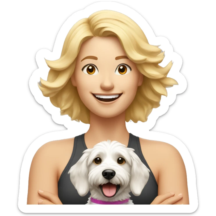 blonde woman expressing joy dressed in a yoga outfit alongside a tri-colored bernadoodle dog sticker