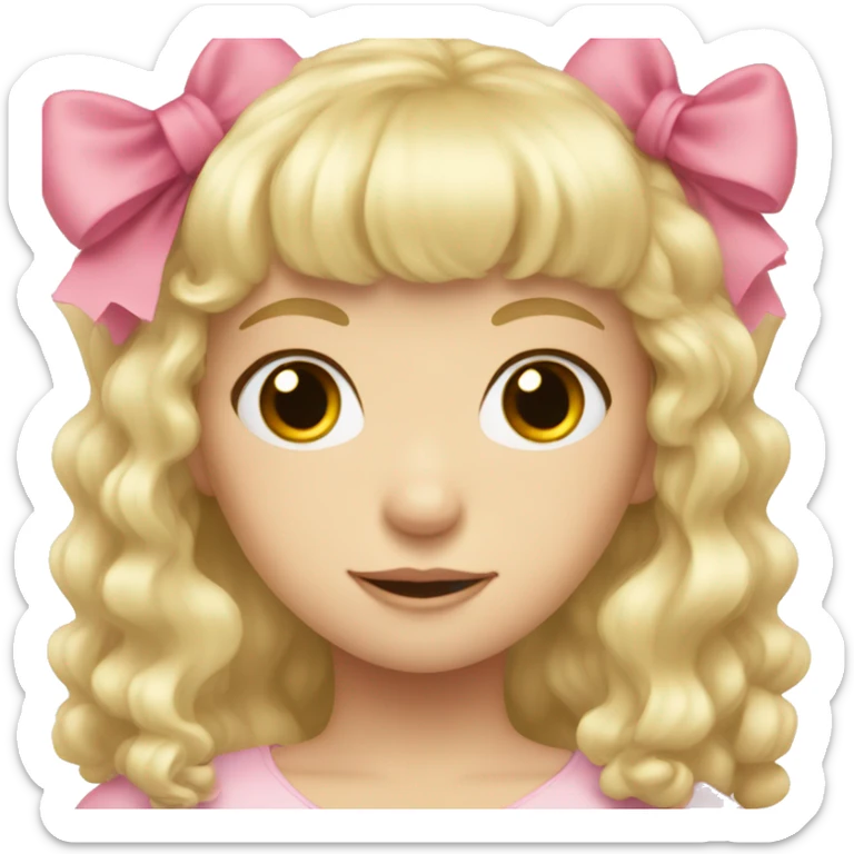 Blonde, pale girl with bangs and curly, long hair with pink bow sticker