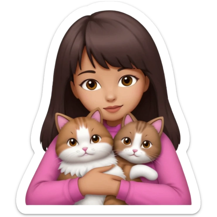 beautiful woman with dark brown straight hair and bangs, brown eyes wear a pink clothes and hugs a cute chubby cat sticker