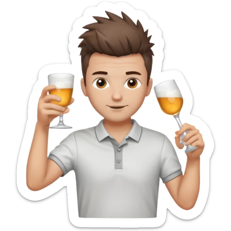 Handsome male.short messy brown hair.mowhawk hairstyle. wearing white golf shirt.grey shorts. Cheersing with a shot sticker