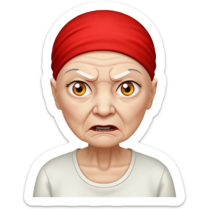 a portrait of angry elderly woman, bald head, wearing shirt sticker