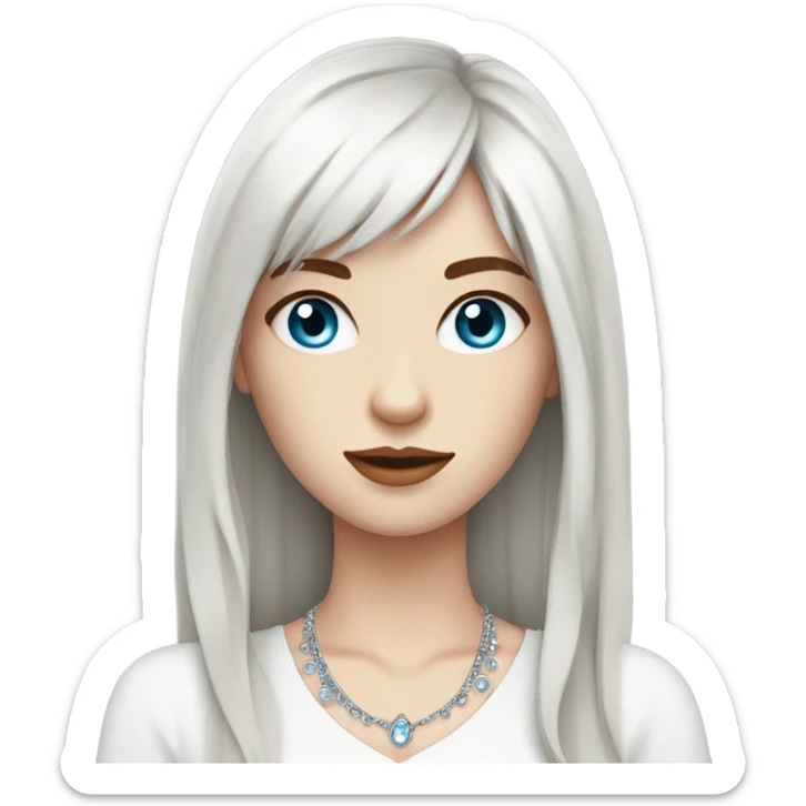 woman with pale skin, blue eyes and long dark red hair with layers and fringe bangs, wearing a white top and silver jewellery sticker