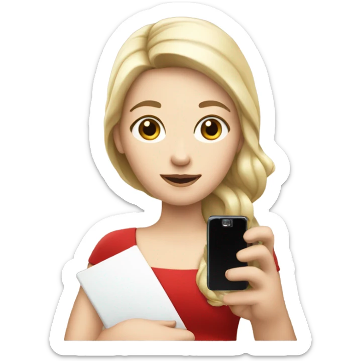 a white skin  girl in a red dress holding a cell phone sticker