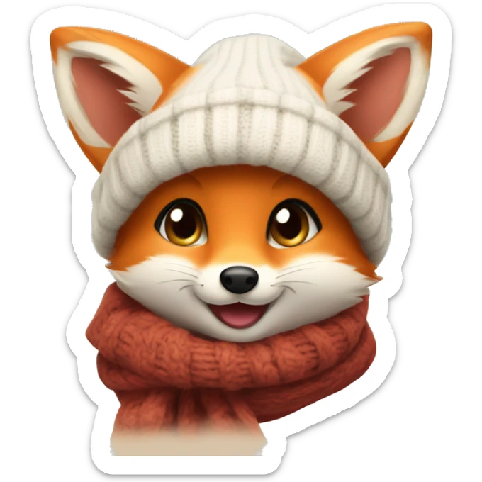 A cute little charming fox cub in a winter hat and scarf shows his tongue sticker