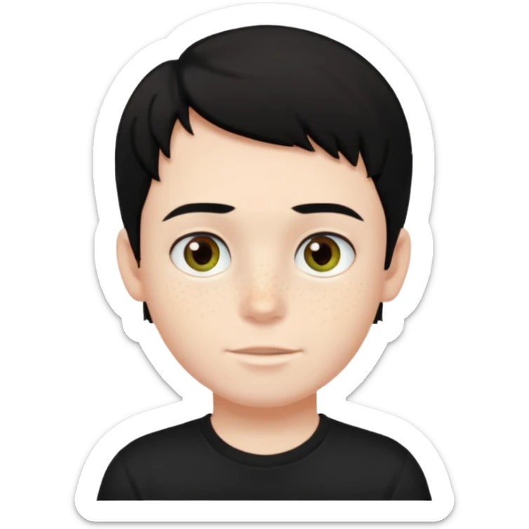 A boy with dark black hair and hazel green and brown eyes and white skin , with freckles and black t shirt  sticker
