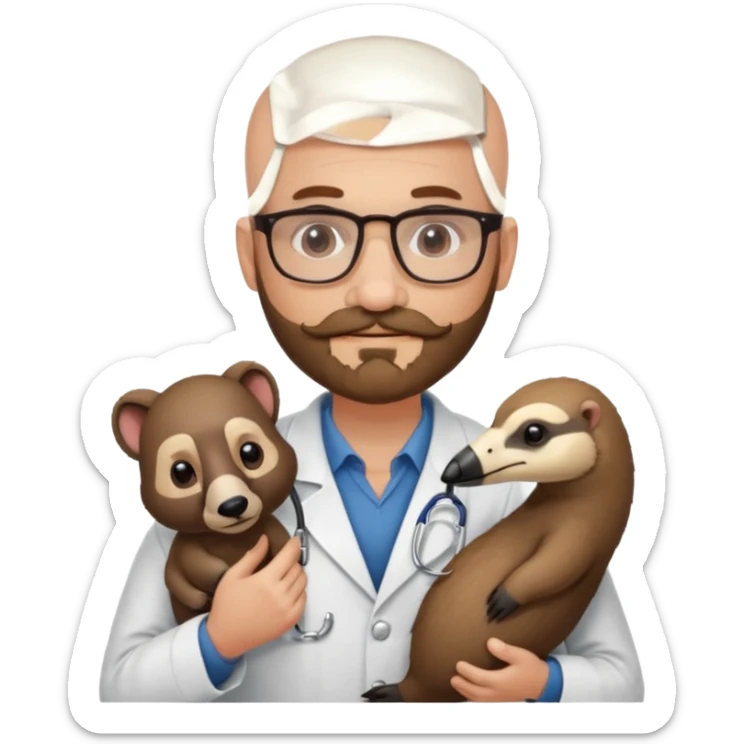A bald veterinarian with a beard and glasses, mustache holding an the animal is "anteater" oso hormiguero  sticker