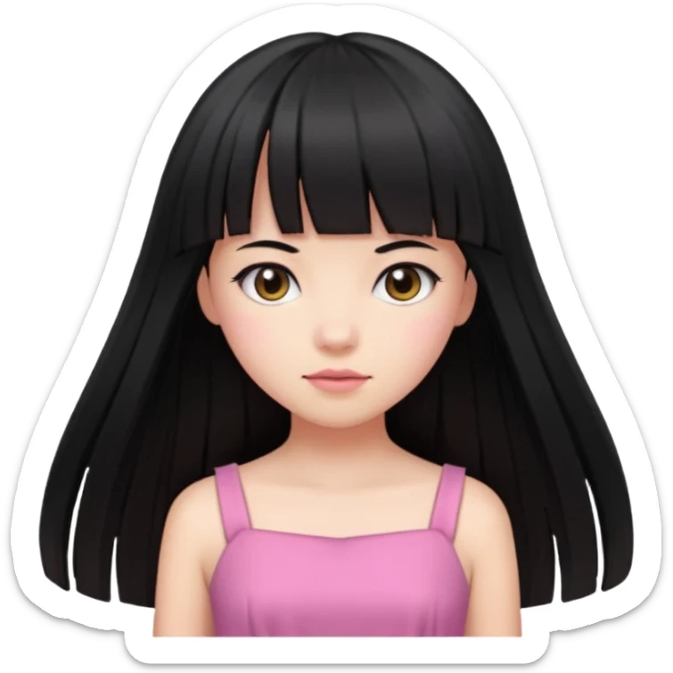 Girl with long, straight black hair with bangs and a pink dress  sticker