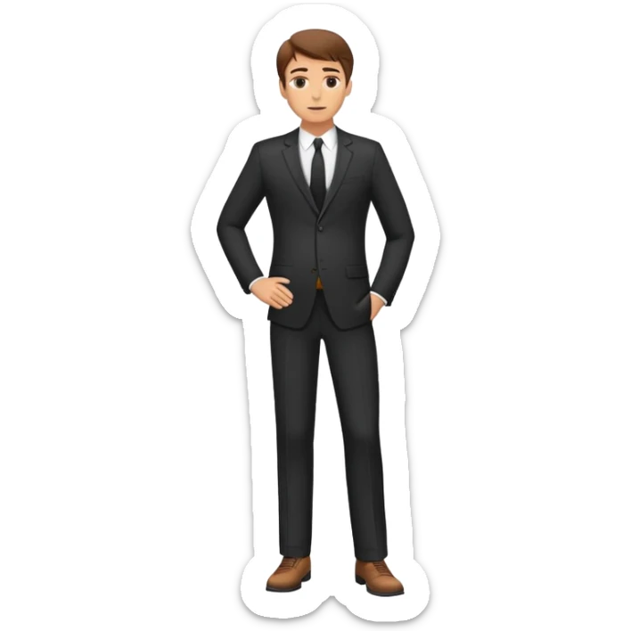 Caucasian male, brown hair, standing wearing dark suit and shoes, with hands on hips sticker