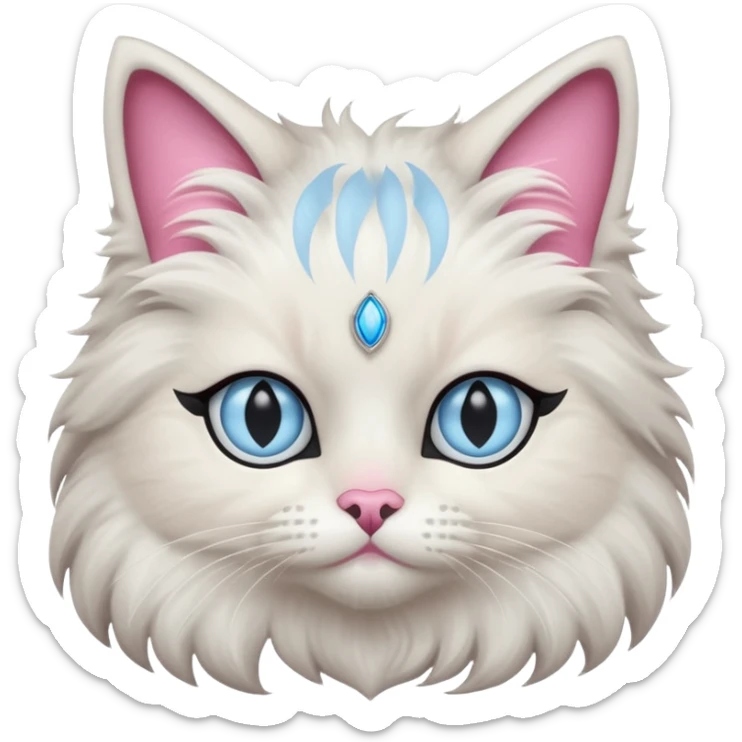 Neva masquerade cat, very fluffy, gray and white, with pale blue eyes and pink nose sticker