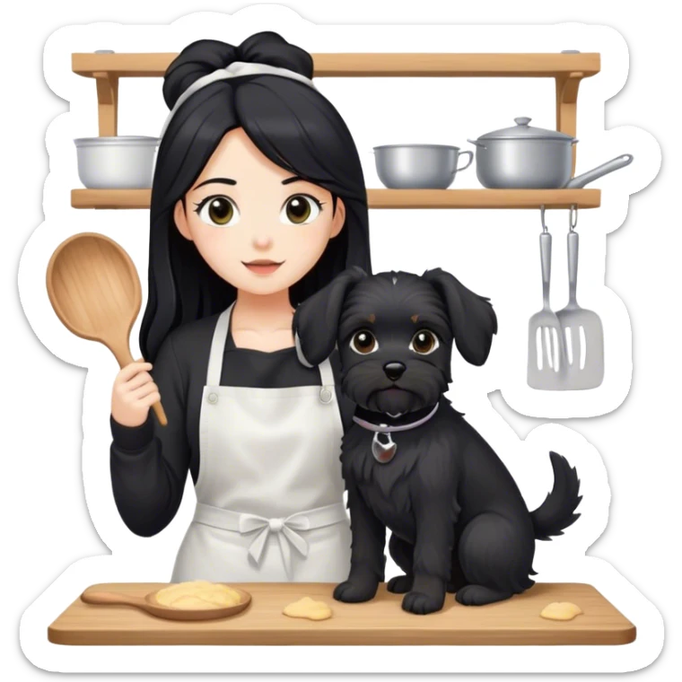 pale girl with long black hair wearing black long sleeve tshirt wearing apron and baking holding black floppy ear schnauzer sticker