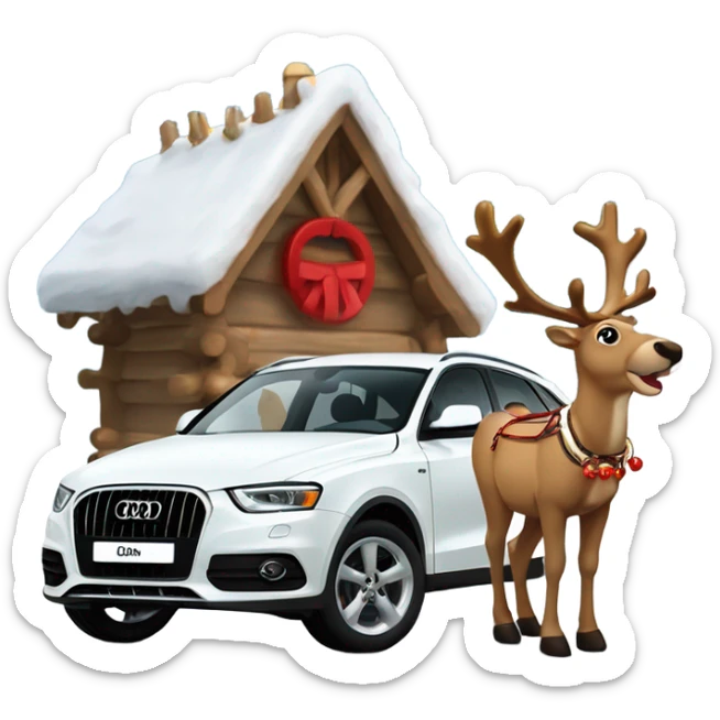 A reindeer harnessed to A white Audi Q3 with a red bridle and golden bells, set in a snowy winter scene. sticker