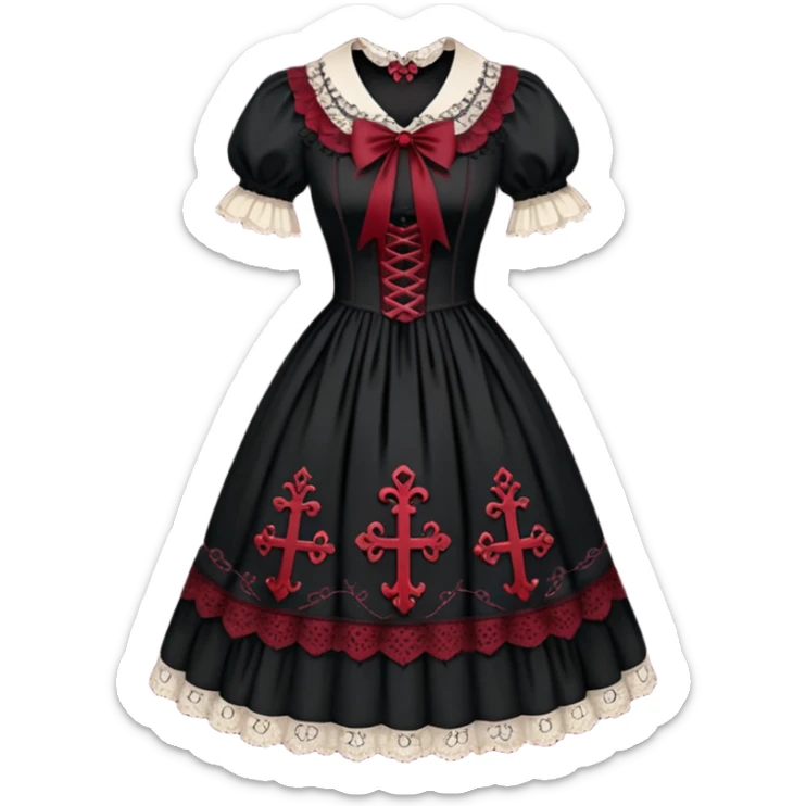 A beautiful Lolita dress with laces, cross-stitches, dark gothic color palette theme, strings, traditional vintage patterns textile, beautiful, aesthetic clothing sticker