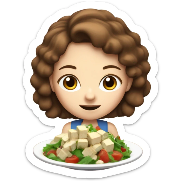 White girl Brown hair blue eyes freackles eating Tofu salad with fork sticker