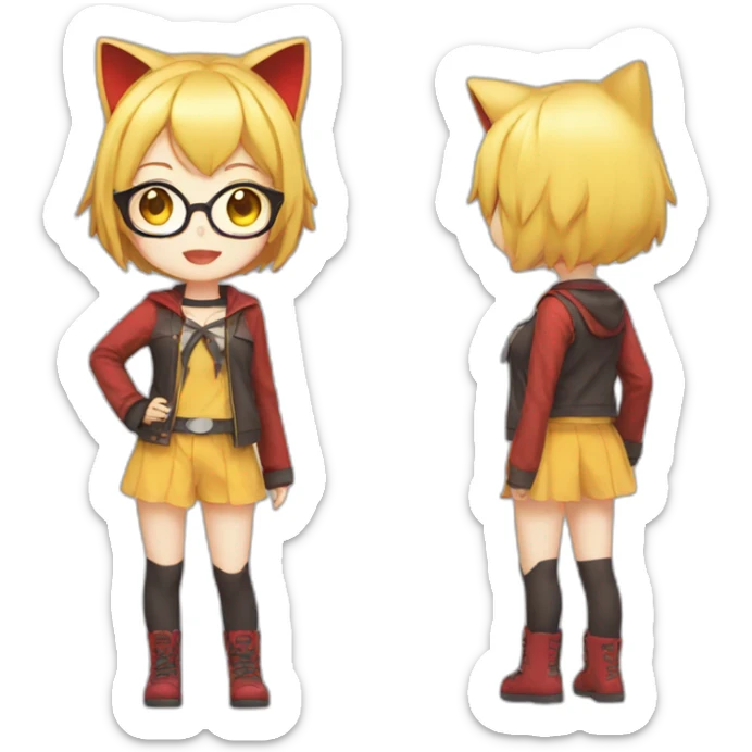 anime girl with short yellow hair, red glasses, cat ear, idol costume sticker