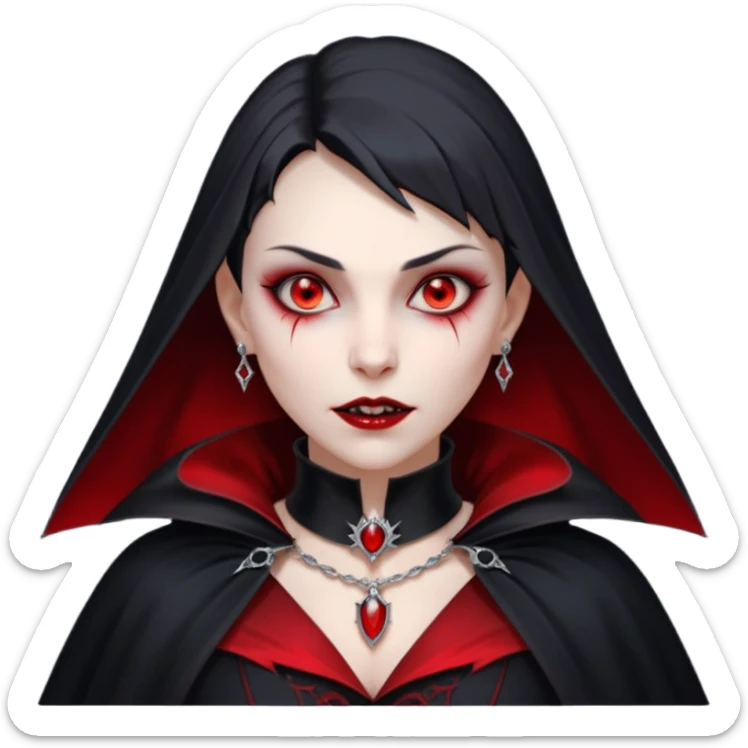 vampire village woman portrait, head and shoulders only, dark gothic cloak collar, sharp fangs, red glowing eyes, elegant yet eerie expression, subtle jewelry, 3D cartoon, mobile game icon style, clean background, no text, no watermark

 sticker