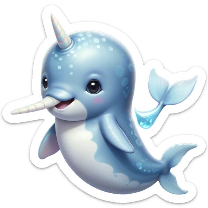 Cinematic Cute Narwhal Portrait Emoji, Head tilted playfully and inquisitively, showcasing a sleek, streamlined body with subtly iridescent, mottled gray skin and a prominently spiraled ivory tusk, complemented by round, sparkling eyes full of gentle wonder, Simplified yet irresistibly adorable features, highly detailed, glowing with a warm, friendly arctic glow, high shine, affectionate and lively, stylized with a touch of whimsical marine charm, soft glowing outline, capturing the essence of a mischievous yet loving narwhal that seems as if it could frolic out of the screen into your heart! sticker