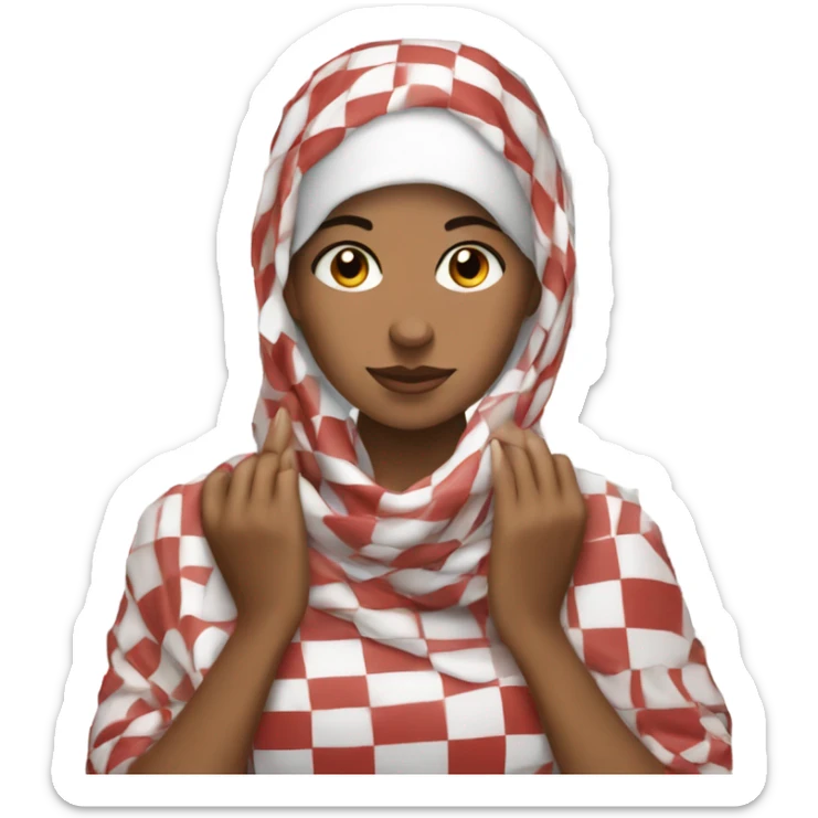 woman fixing red and white checkered kuffiyeh with her hands sticker