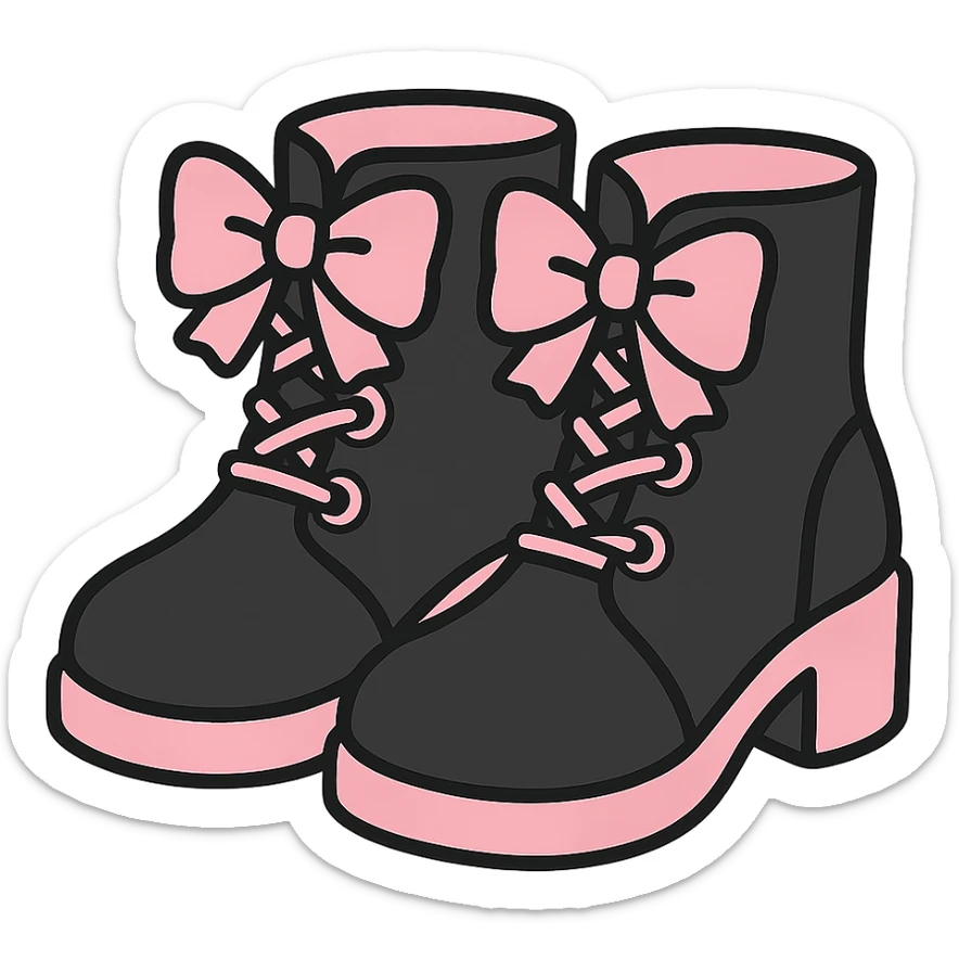BLACKPINK-inspired gothic shoes, no hearts, black and pink, cute and stylish, kawaii style, lace-up ankle boots with ribbons sticker