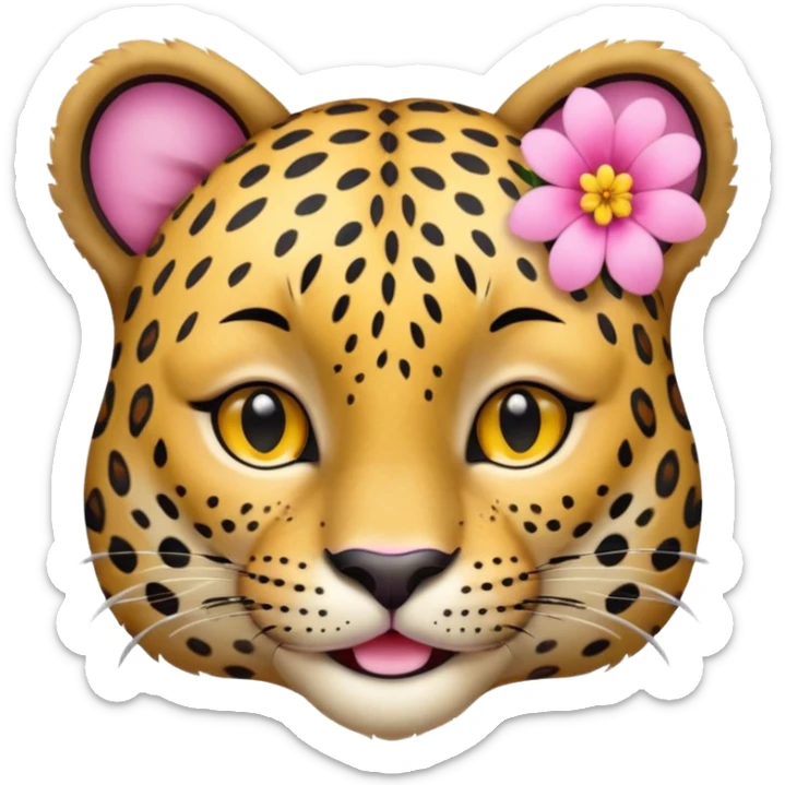 A leopard with peaceful smile, A pink flower with a yellow center is tucked behind its right ear
 sticker