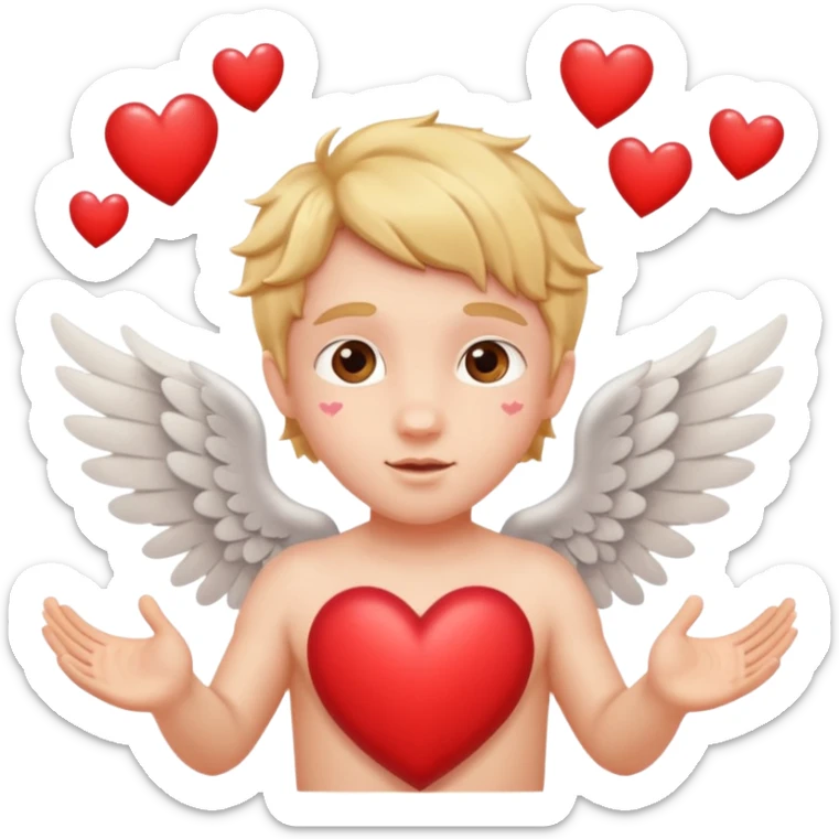 Cupido rodeado de corazones volando mostrando sus alas y su arco   sticker