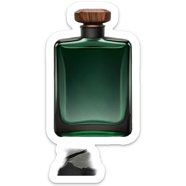 A masculine fragrance bottle featuring a gradient of deep forest green to charred black glass. The cap is made of dark walnut wood. The bottle is placed on a jagged piece of slate rock with a faint mist in the background. Earthy, moody, textured, photorealistic. sticker