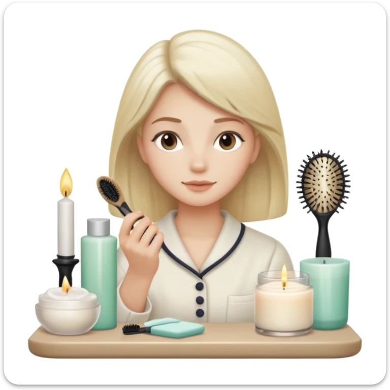 clean girl aesthetic emoji, tidy vanity with skincare products, candle, hairbrush, soft lighting, neutral tones sticker
