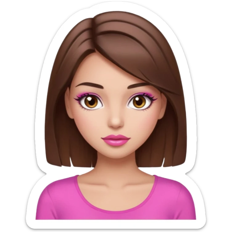 girl with long wavy brown hair, brown eyes, long lashes makeup, sexy pink lips, light to medium complexion, wearing a pink sexy top sticker